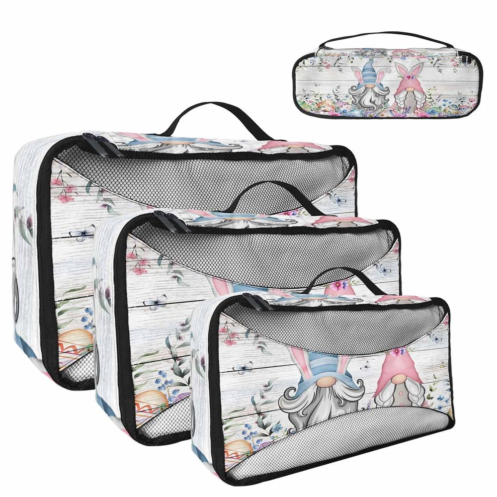 4 Set Packing Cubes for Travel Luggage Organizer Bags Easter Eggs Spring Plants Flowers Gnome White Wood Grain Travel Cubes for Carry on Suitcases Travel Bags Travel Accessories (XL, L, M, S)