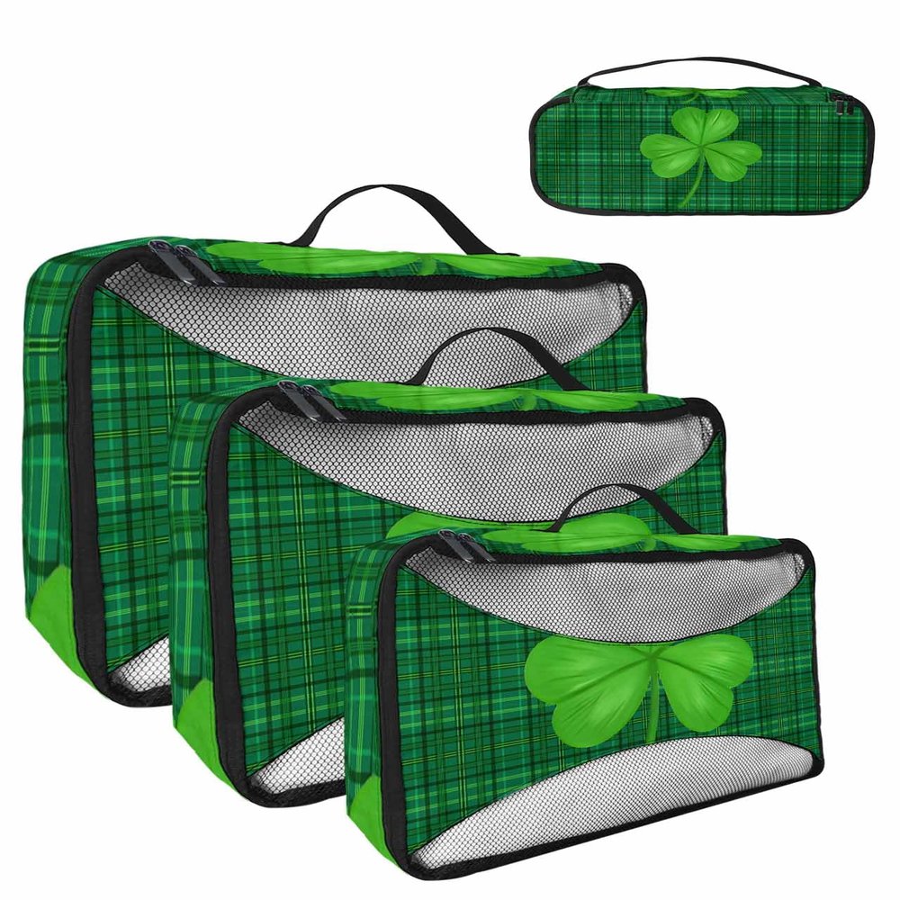 4 Set Packing Cubes for Travel Luggage Organizer Bags St. Patrick's Day Green Shamrock Clover on Plaid Travel Cubes for Carry on Suitcases Travel Bags Space Saving Travel Accessories (XL, L, M, S)