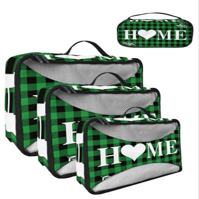 4 Set Packing Cubes for Travel Luggage Organizer Bags Merry Christmas Love Home Text Green Plaid Travel Cubes for Carry on Suitcases Travel Bags Space Saving Travel Accessories (XL, L, M, S)