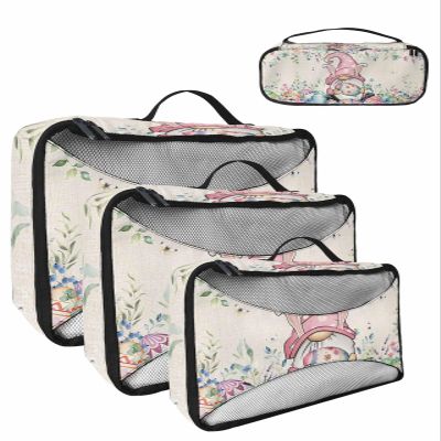 4 Set Packing Cubes for Travel Luggage Organizer Bags Easter Eggs Spring Watercolor Plants Flowers Gnome Beige Travel Cubes for Carry on Suitcases Travel Bags Travel Accessories (XL, L, M, S)