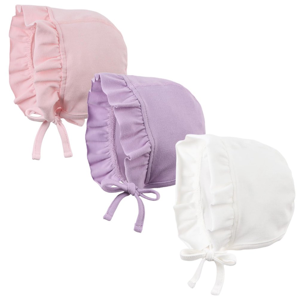 Bamery Lovely Baby Girl Hospital Hat Soft Cotton Newborn Beanie Winter Baby Hats for Infant Girls (M, White+Pink+Purple)