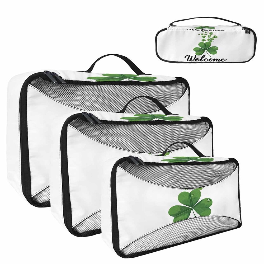 4 Set Packing Cubes for Travel Luggage Organizer Bags Welcome Green Clover Travel Cubes for Carry on Suitcases Travel Bags Space Saving Travel Accessories (XL, L, M, S)