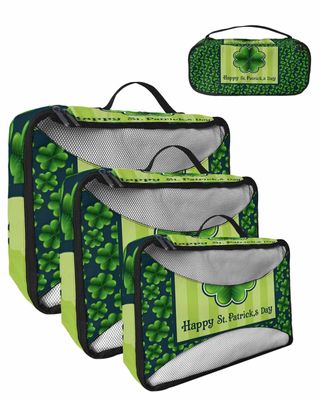 4 Set Packing Cubes for Travel Luggage Organizer Bags Happy St. Patrick's Day Green Clovers Shamrock Travel Cubes for Carry on Suitcases Travel Bags Space Saving Travel Accessories (XL, L, M, S)