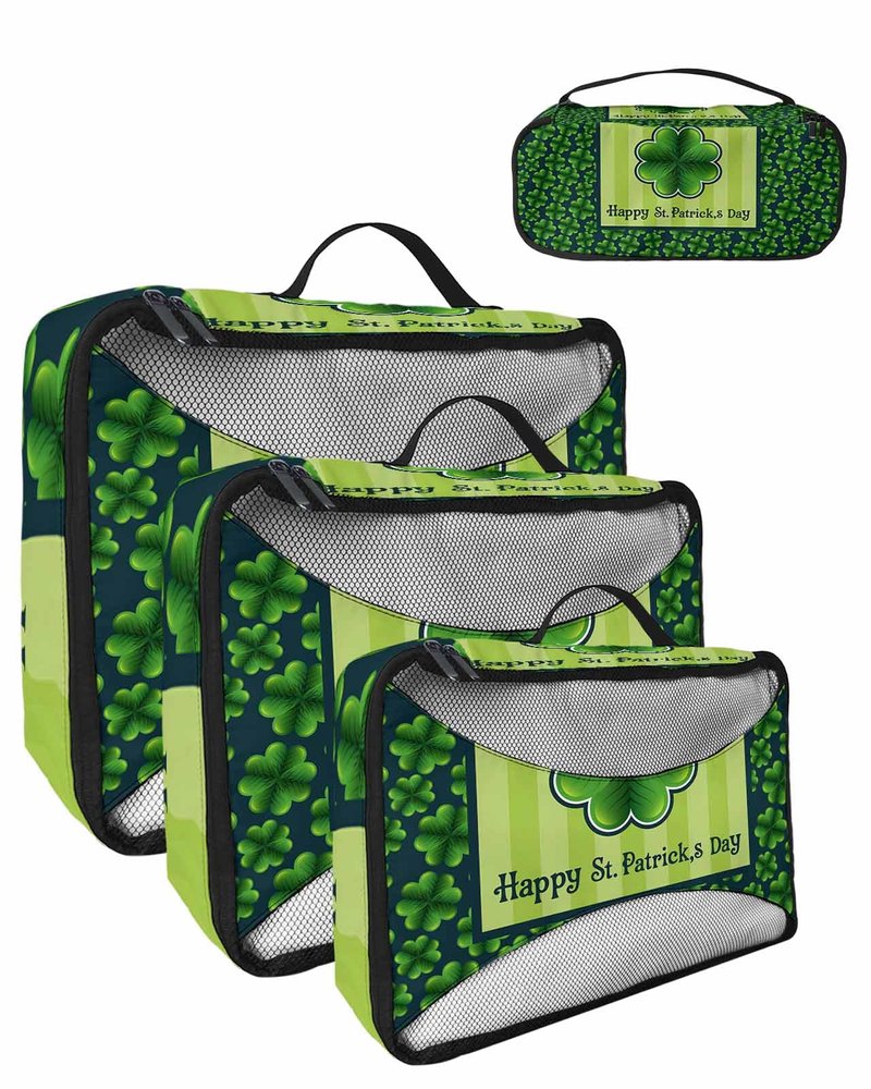 4 Set Packing Cubes for Travel Luggage Organizer Bags Happy St. Patrick's Day Green Clovers Shamrock Travel Cubes for Carry on Suitcases Travel Bags Space Saving Travel Accessories (XL, L, M, S)