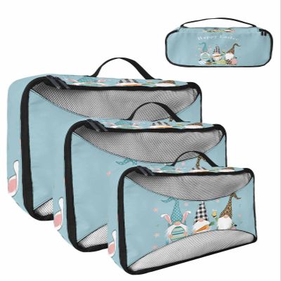 4 Set Packing Cubes for Travel Luggage Organizer Bags Happy Easter Cute Gnomes with Easter Eggs Blue Background Travel Cubes for Carry on Suitcases Travel Bags Travel Accessories (XL, L, M, S)