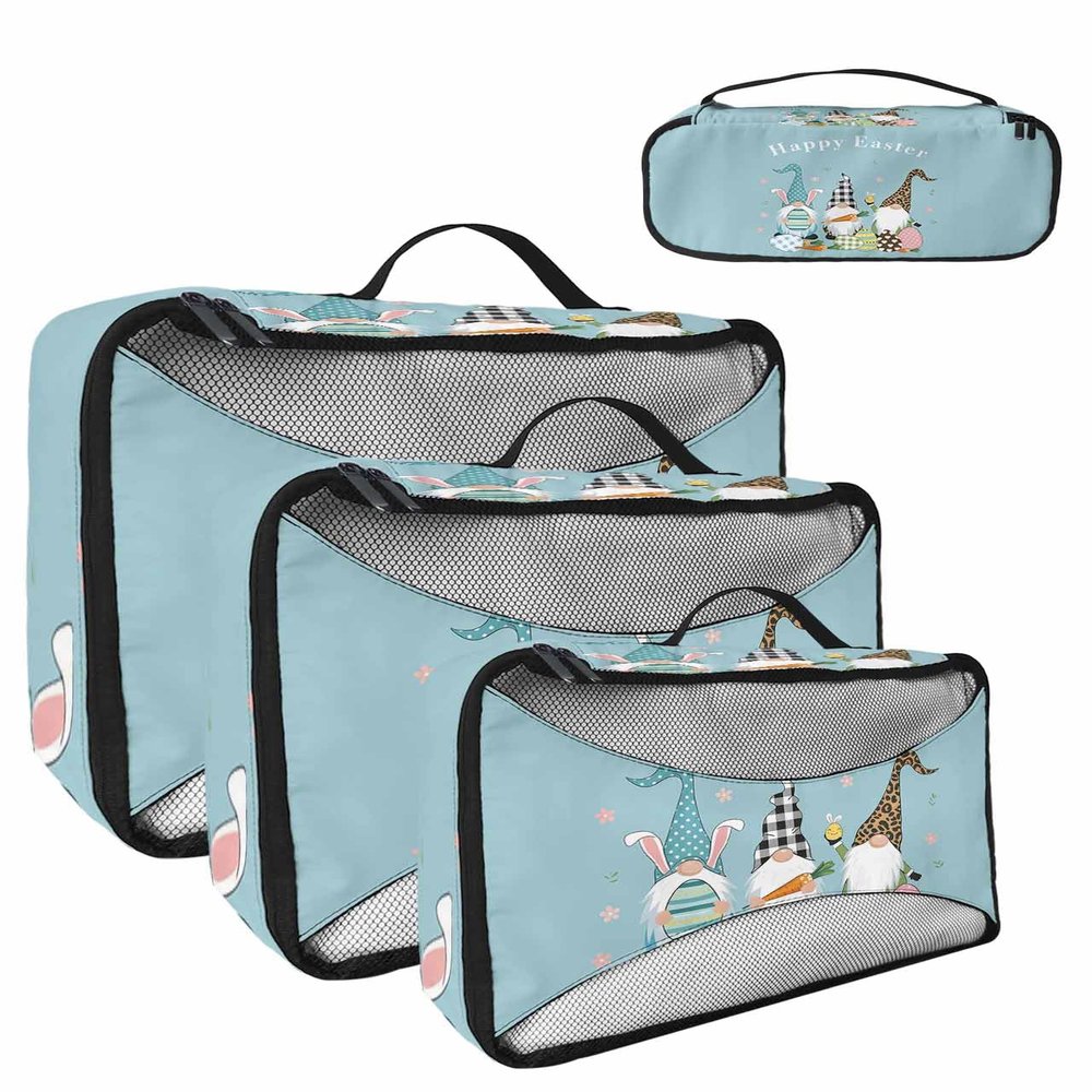 4 Set Packing Cubes for Travel Luggage Organizer Bags Happy Easter Cute Gnomes with Easter Eggs Blue Background Travel Cubes for Carry on Suitcases Travel Bags Travel Accessories (XL, L, M, S)