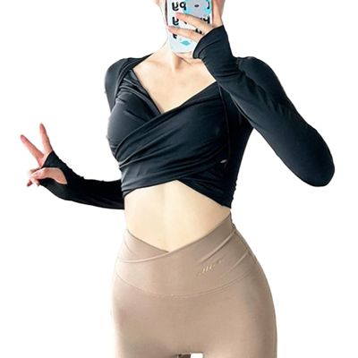 UAZNegozio All-in-one Cross Over Long Sleeved Yoga Tops with Chest pad Slimming Exercise Fitness Yoga Shirts Black