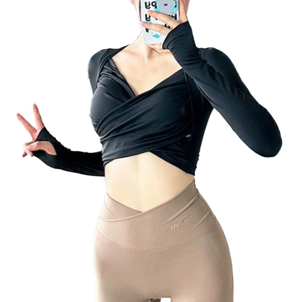 UAZNegozio All-in-one Cross Over Long Sleeved Yoga Tops with Chest pad Slimming Exercise Fitness Yoga Shirts Black