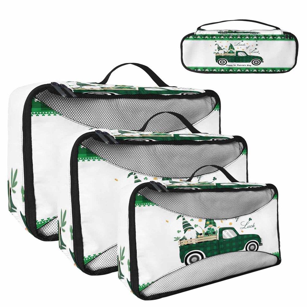 4 Set Packing Cubes for Travel Luggage Organizer Bags Happy St. Patrick's Day Truck with Irish Gnome Clovers Travel Cubes for Carry on Suitcases Travel Bags Travel Accessories (XL, L, M, S)