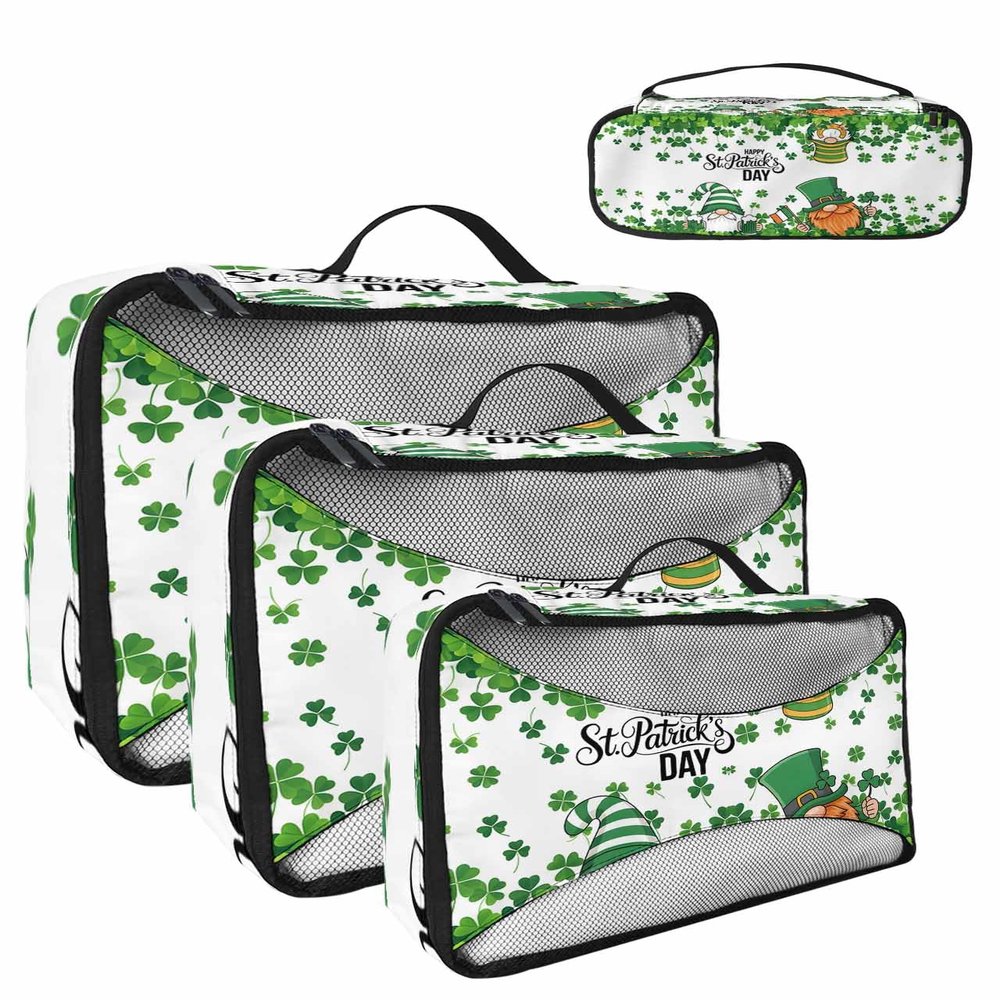 4 Set Packing Cubes for Travel Luggage Organizer Bags St. Patrick's Day Shamrock Gnome Green Travel Cubes for Carry on Suitcases Travel Bags Space Saving Travel Accessories (XL, L, M, S)