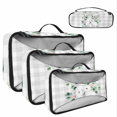 4 Set Packing Cubes for Travel Luggage Organizer Bags Easter Eucalyptus Leaves Rabbit Gray Plaid Travel Cubes for Carry on Suitcases Travel Bags Space Saving Travel Accessories (XL, L, M, S)