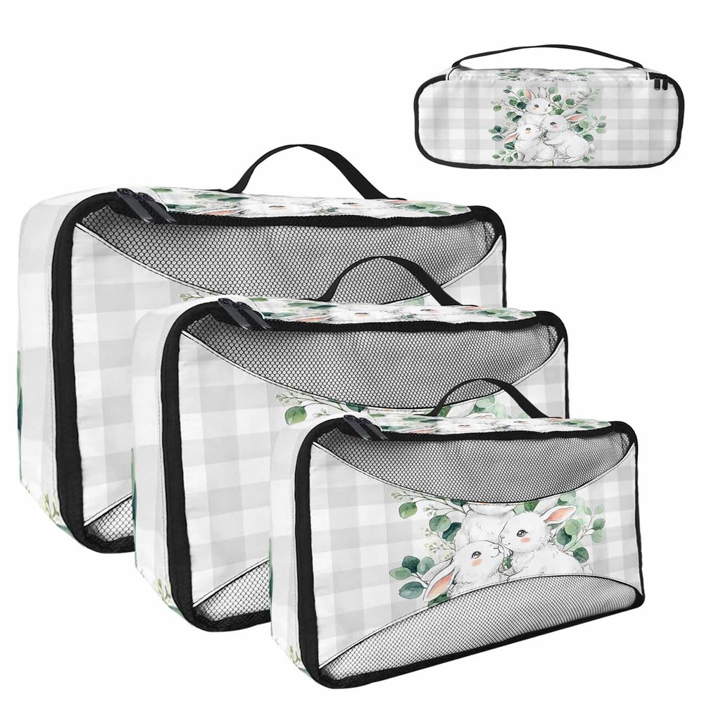 4 Set Packing Cubes for Travel Luggage Organizer Bags Easter Eucalyptus Leaves Rabbit Gray Plaid Travel Cubes for Carry on Suitcases Travel Bags Space Saving Travel Accessories (XL, L, M, S)