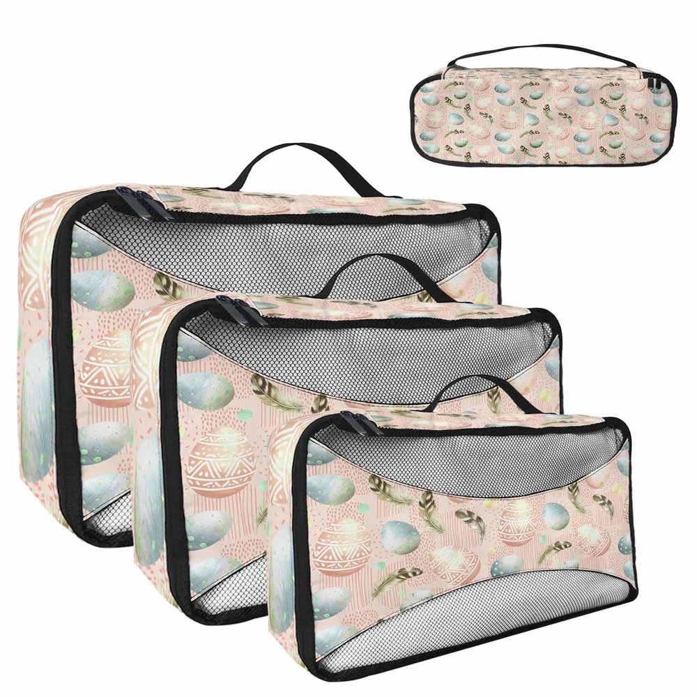 4 Set Packing Cubes for Travel Luggage Organizer Bags Boho Easter Bunny Feather Print Travel Cubes for Carry on Suitcases Travel Bags Space Saving Travel Accessories (XL, L, M, S)