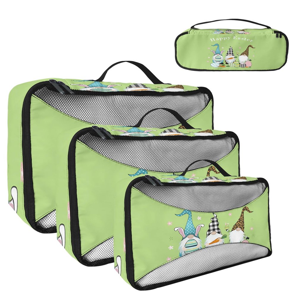 4 Set Packing Cubes for Travel Luggage Organizer Bags Happy Easter Cute Gnomes with Easter Eggs Green Background Travel Cubes for Carry on Suitcases Travel Bags Travel Accessories (XL, L, M, S)