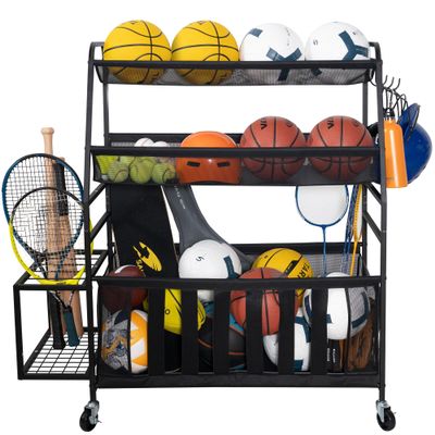 STORAGE MANIAC Ball Storage Bin Rolling Sports Ball Cart, Metal Garage Organizer Sport Rack Basketball Storage Cage for Garage or Gym, Indoor & Outdoor Sports Equipment Organizer Extra Large