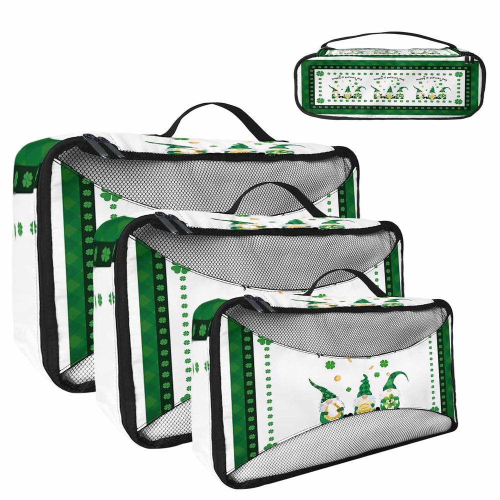 4 Set Packing Cubes for Travel Luggage Organizer Bags Happy St. Patrick's Day Cute Gnomes Green Clover Leaf Travel Cubes for Carry on Suitcases Travel Bags Travel Accessories (XL, L, M, S)