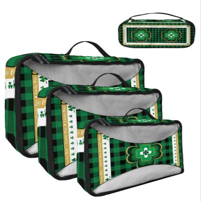 4 Set Packing Cubes for Travel Luggage Organizer Bags St. Patrick's Day Luck Day Irish Shamrock Green Clover and Plaid Travel Cubes for Carry on Suitcases Travel Bags Travel Accessories (XL, L, M, S)