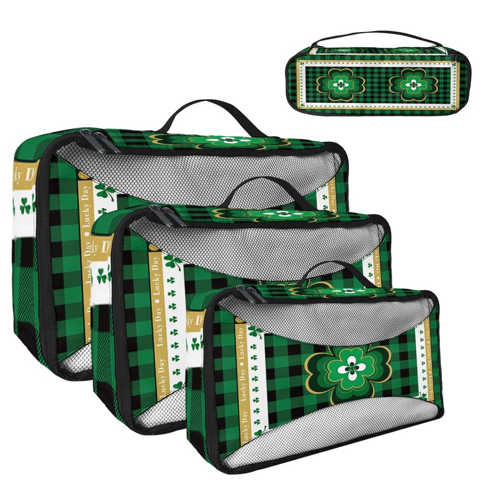 4 Set Packing Cubes for Travel Luggage Organizer Bags St. Patrick's Day Luck Day Irish Shamrock Green Clover and Plaid Travel Cubes for Carry on Suitcases Travel Bags Travel Accessories (XL, L, M, S)