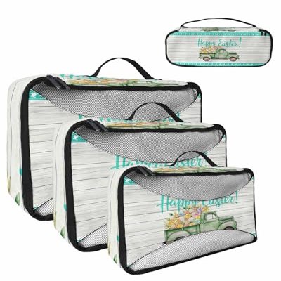 4 Set Packing Cubes for Travel Luggage Organizer Bags Easter Floral Eucalyptus Leaves Truck Wood Grain Travel Cubes for Carry on Suitcases Travel Bags Space Saving Travel Accessories (XL, L, M, S)