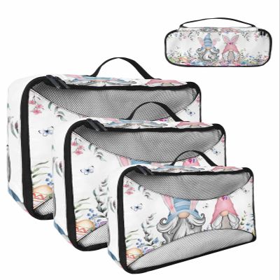 4 Set Packing Cubes for Travel Luggage Organizer Bags Easter Eggs Watercolor Plants Flowers Gnome White Travel Cubes for Carry on Suitcases Travel Bags Space Saving Travel Accessories (XL, L, M, S)