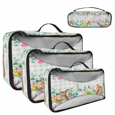 4 Set Packing Cubes for Travel Luggage Organizer Bags Happy Easter Spring Floral Bunny Eggs Vintage Plaid Travel Cubes for Carry on Suitcases Travel Bags Space Saving Travel Accessories (XL, L, M, S)