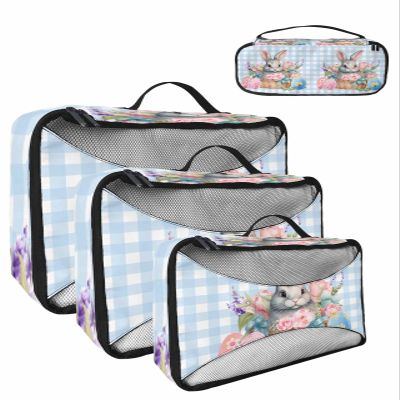 4 Set Packing Cubes for Travel Luggage Organizer Bags Easter Watercolor Bunny Blue Plaid Travel Cubes for Carry on Suitcases Travel Bags Space Saving Travel Accessories (XL, L, M, S)