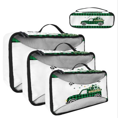 4 Set Packing Cubes for Travel Luggage Organizer Bags St. Patrick's Day Green Checkered Truck Full of Clovers and Gold Coins Travel Cubes for Carry on Suitcases Travel Accessories(XL,L,M,S)