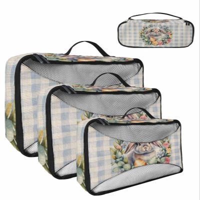 4 Set Packing Cubes for Travel Luggage Organizer Bags Easter Eggs Bunny Flower Blue Plaid Travel Cubes for Carry on Suitcases Travel Bags Space Saving Travel Accessories (XL, L, M, S)