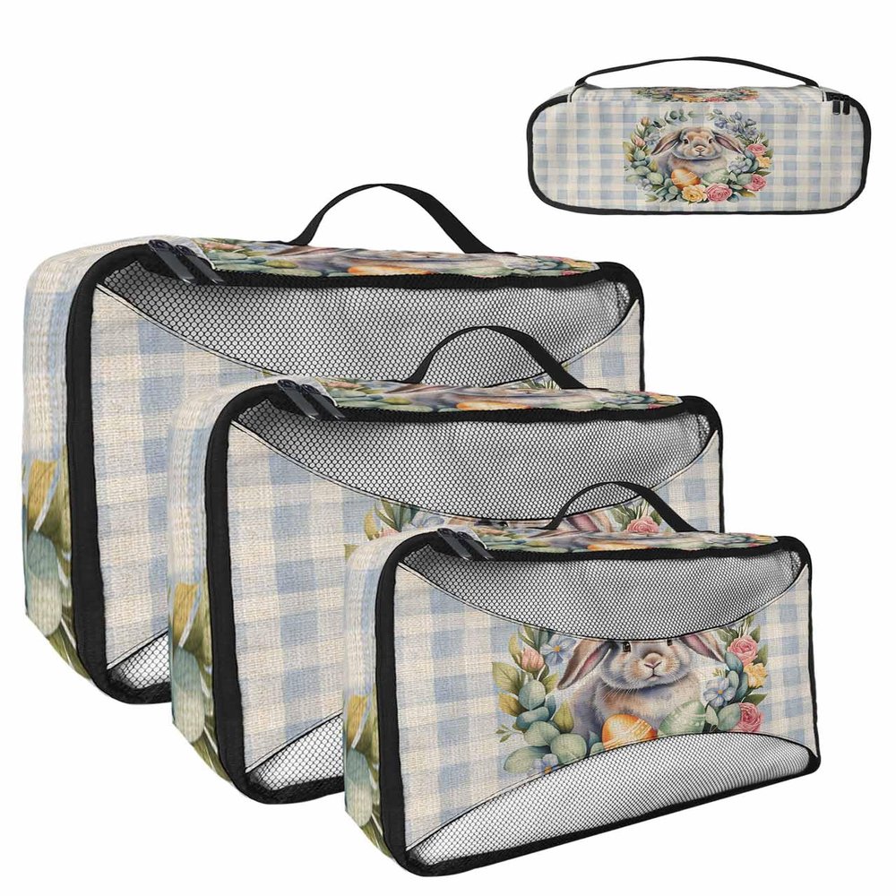 4 Set Packing Cubes for Travel Luggage Organizer Bags Easter Eggs Bunny Flower Blue Plaid Travel Cubes for Carry on Suitcases Travel Bags Space Saving Travel Accessories (XL, L, M, S)