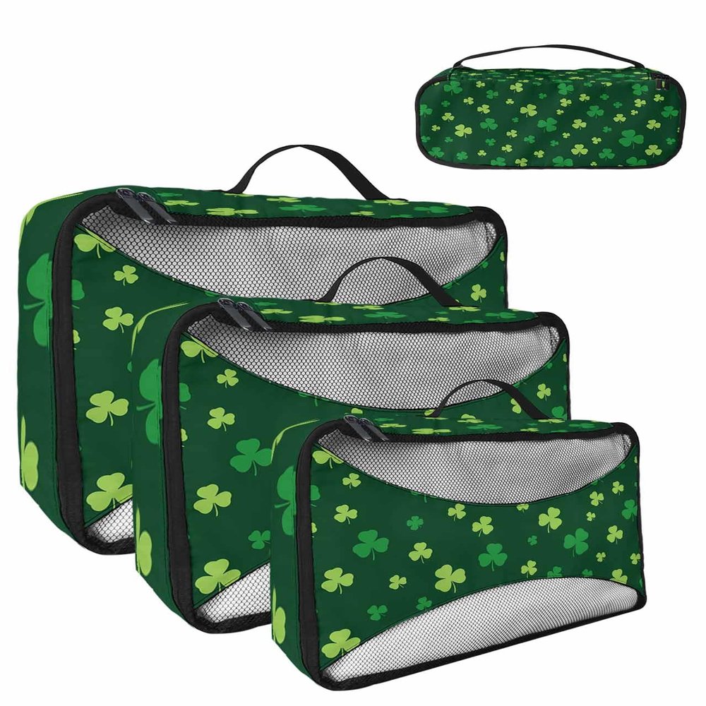 4 Set Packing Cubes for Travel Luggage Organizer Bags St. Patrick's Day Shamrocks Green Clover Leaves Travel Cubes for Carry on Suitcases Travel Bags Space Saving Travel Accessories (XL, L, M, S)