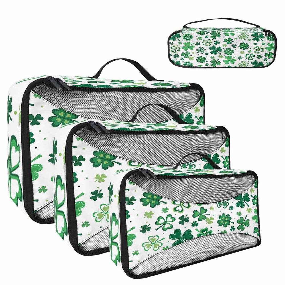 4 Set Packing Cubes for Travel Luggage Organizer Bags Happy St.Patrick's Day Green Lucky Clover Leaves Green and White Travel Cubes for Carry on Suitcases Travel Bags Travel Accessories (XL, L, M, S)