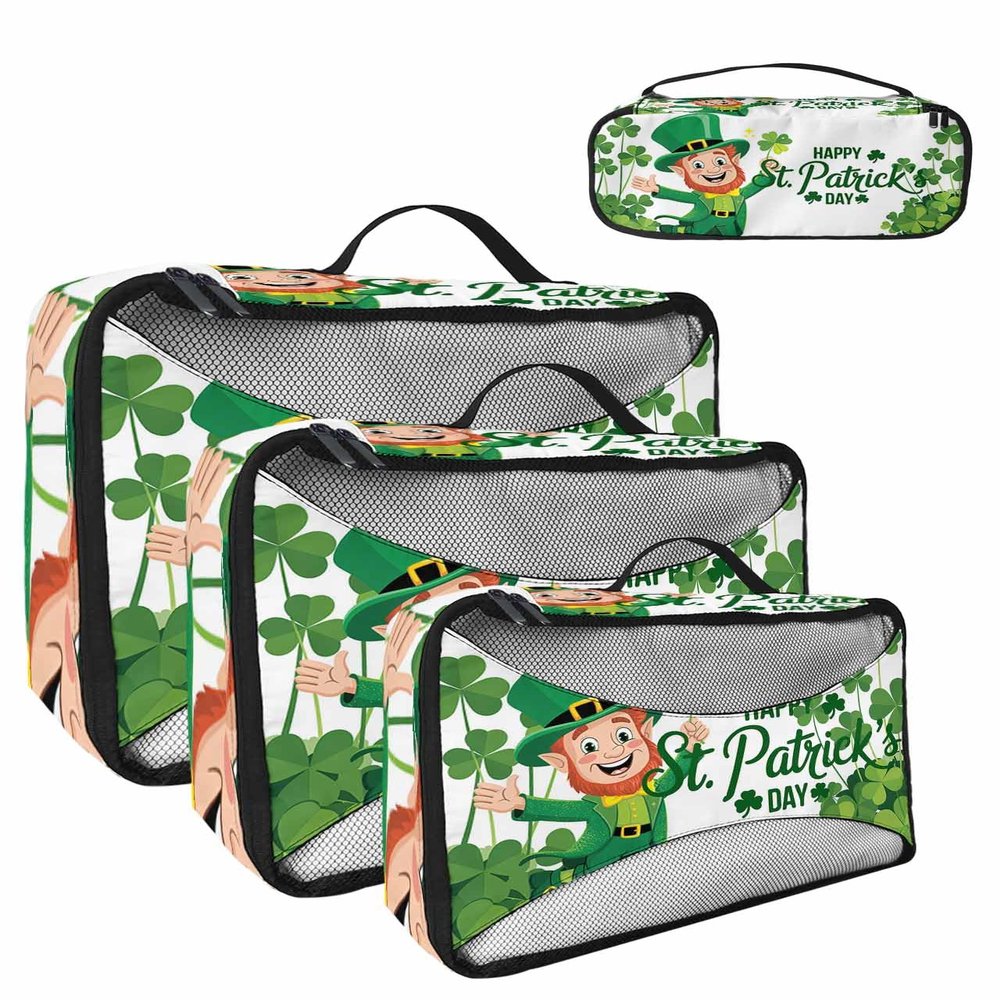 4 Set Packing Cubes for Travel Luggage Organizer Bags St. Patrick's Day Happy Leprechaun and Shamrocks Green White Travel Cubes for Carry on Suitcases Travel Bags Travel Accessories (XL, L, M, S)