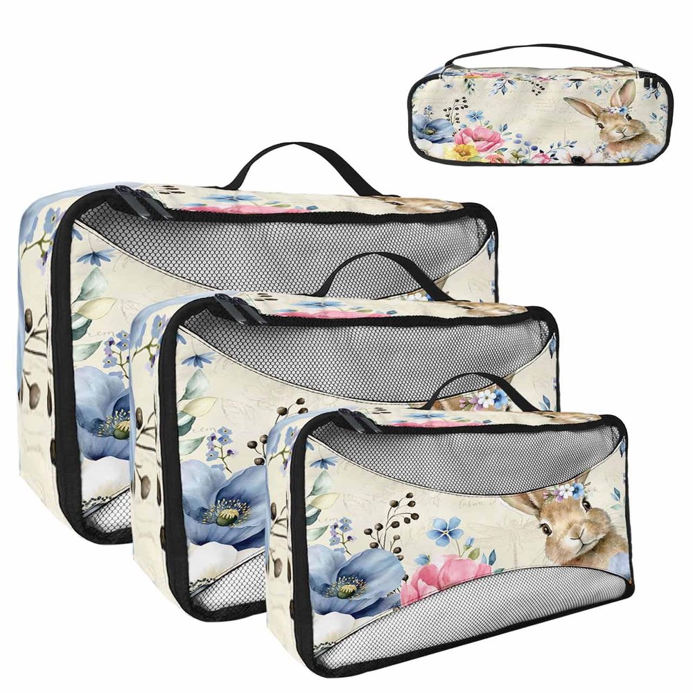 4 Set Packing Cubes for Travel Luggage Organizer Bags Happy Easter Egg Bunny Flower Retro Beige Travel Cubes for Carry on Suitcases Travel Bags Space Saving Travel Accessories (XL, L, M, S)