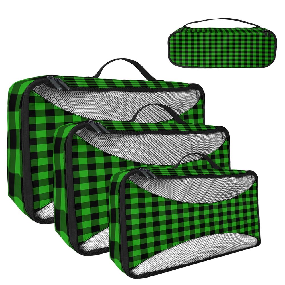 4 Set Packing Cubes for Travel Luggage Organizer Bags St Patrick'S Day Christmas Green Plaid Travel Cubes for Carry on Suitcases Travel Bags Space Saving Travel Accessories (XL, L, M, S)