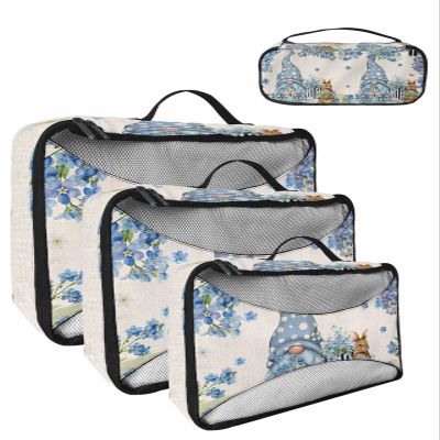 4 Set Packing Cubes for Travel Luggage Organizer Bags Happy Easter Gnome Bunny Blue Flowers Travel Cubes for Carry on Suitcases Travel Bags Space Saving Travel Accessories (XL, L, M, S)