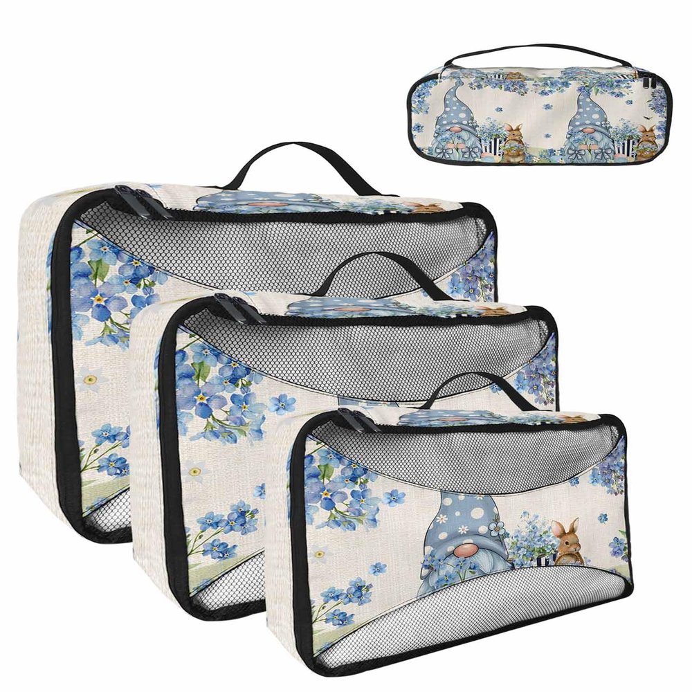 4 Set Packing Cubes for Travel Luggage Organizer Bags Happy Easter Gnome Bunny Blue Flowers Travel Cubes for Carry on Suitcases Travel Bags Space Saving Travel Accessories (XL, L, M, S)