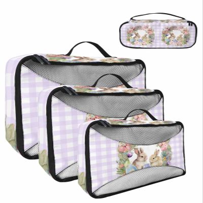 4 Set Packing Cubes for Travel Luggage Organizer Bags Easter Watercolor Bunny Flower Pink Plaid Travel Cubes for Carry on Suitcases Travel Bags Space Saving Travel Accessories (XL, L, M, S)