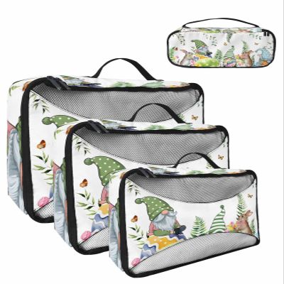 4 Set Packing Cubes for Travel Luggage Organizer Bags Easter Spring Floral Bunny Gnome Egg White Travel Cubes for Carry on Suitcases Travel Bags Space Saving Travel Accessories (XL, L, M, S)