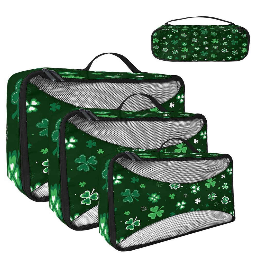 4 Set Packing Cubes for Travel Luggage Organizer Bags St. Patrick's Day Lucky Shamrock Green Travel Cubes for Carry on Suitcases Travel Bags Space Saving Travel Accessories (XL, L, M, S)
