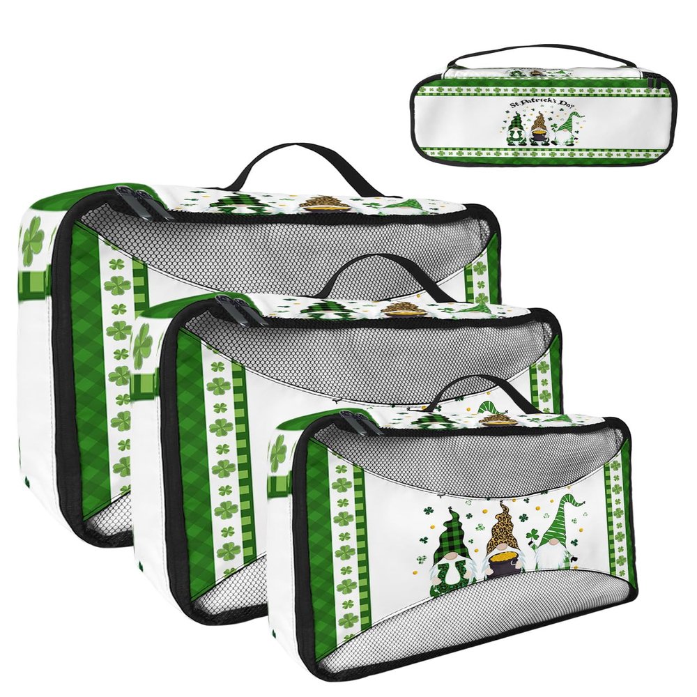 4 Set Packing Cubes for Travel Luggage Organizer Bags St. Patrick's Day Green Clover Shamrock Leaf Irish Gnome Elf Buffalo Plaid Travel Cubes for Carry on Suitcases Travel Accessories(XL,L,M,S)