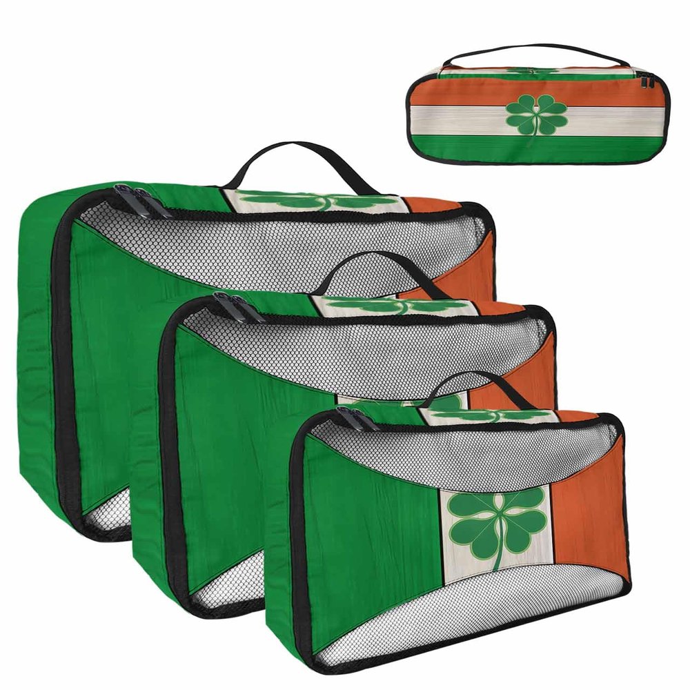 4 Set Packing Cubes for Travel Luggage Organizer Bags Happy St. Patrick's Day Irish Flag and Four Leaf Clover with Retro Wooden Board Travel Cubes for Carry on Suitcases Travel Accessories(XL,L,M,S)