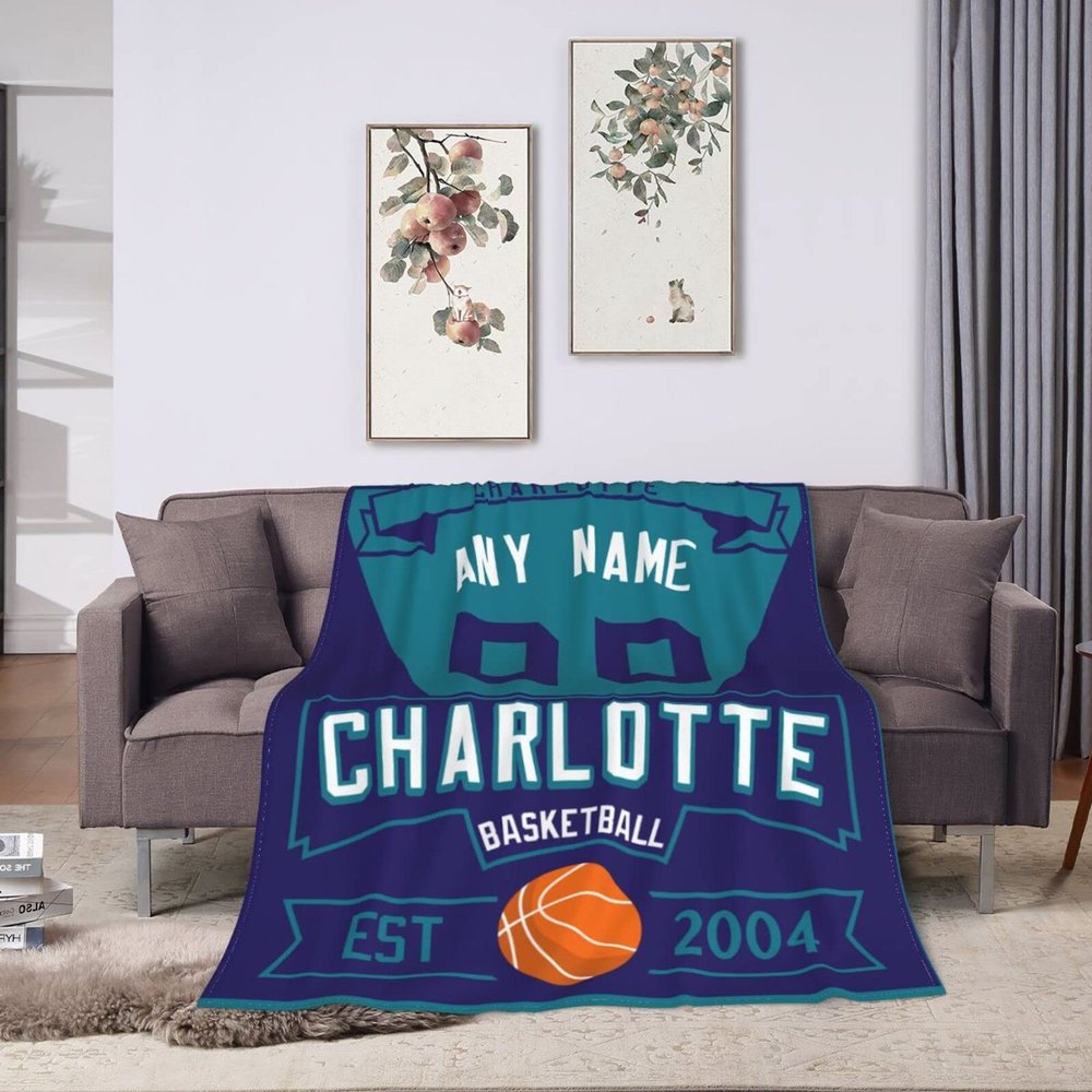 NineFit Basics Custom Throw Blankets for Bed Fans Gift for Men Summer Winter Fleece Blanket Basketball Name & Number, 30""x40"", 50""x60"", 60""x80"", B,charlotte