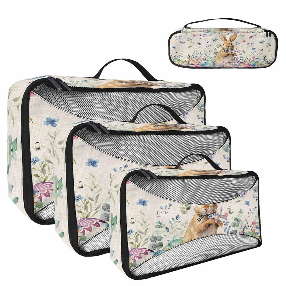 4 Set Packing Cubes for Travel Luggage Organizer Bags Easter Bunny Plant Burple Background Travel Cubes for Carry on Suitcases Travel Bags Space Saving Travel Accessories (XL, L, M, S)