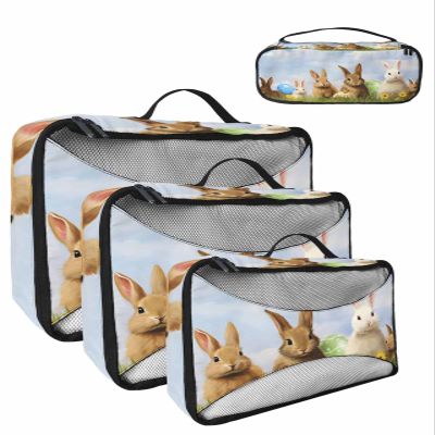 4 Set Packing Cubes for Travel Luggage Organizer Bags Happy Easter Watercolor Bunny Travel Cubes for Carry on Suitcases Travel Bags Space Saving Travel Accessories (XL, L, M, S)