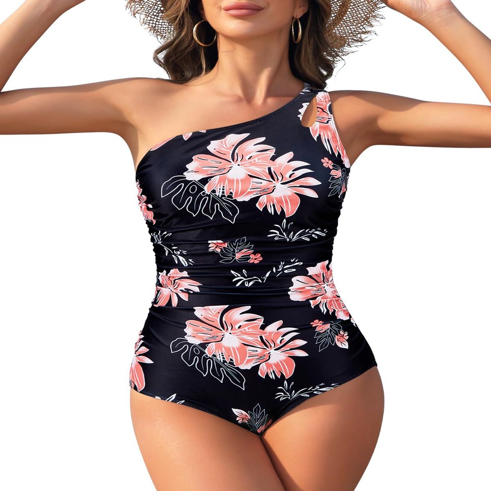 Century Star One Piece Swimsuit Women 2024 One Shoulder Swimsuits for Women Swimsuits for Teen Girls Tummy Control Modest Full Coverage Bathing Suit for Women Swimwear Pink Print Flower XX-Large