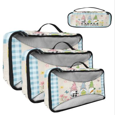 4 Set Packing Cubes for Travel Luggage Organizer Bags Happy Easter Cute Gnome with Rabbit Easter Eggs Carrot Spring Floral Blue Plaid Travel Cubes for Carry on Suitcases Travel Accessories(XL,L,M,S)