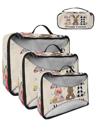 4 Set Packing Cubes for Travel Luggage Organizer Bags Happy Easter Cute Rabbit Bunny with Spring Floral Leopard and Plaid Print Travel Cubes for Carry on Suitcases Travel Accessories(XL,L,M,S)