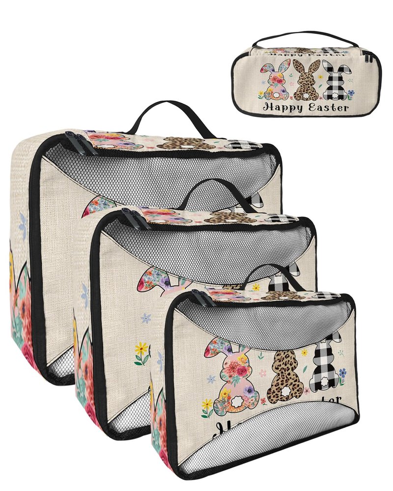 4 Set Packing Cubes for Travel Luggage Organizer Bags Happy Easter Cute Rabbit Bunny with Spring Floral Leopard and Plaid Print Travel Cubes for Carry on Suitcases Travel Accessories(XL,L,M,S)