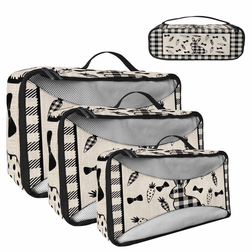 4 Set Packing Cubes for Travel Luggage Organizer Bags Easter Geometric Bunny Carrot Beige Black Plaid Travel Cubes for Carry on Suitcases Travel Bags Space Saving Travel Accessories (XL, L, M, S)