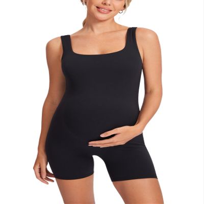 MOMANDA Women' s Maternity Bodysuit Sleeveless Shorts Jumpsuit Square Neck Tank Top for Pregnancy Black Large